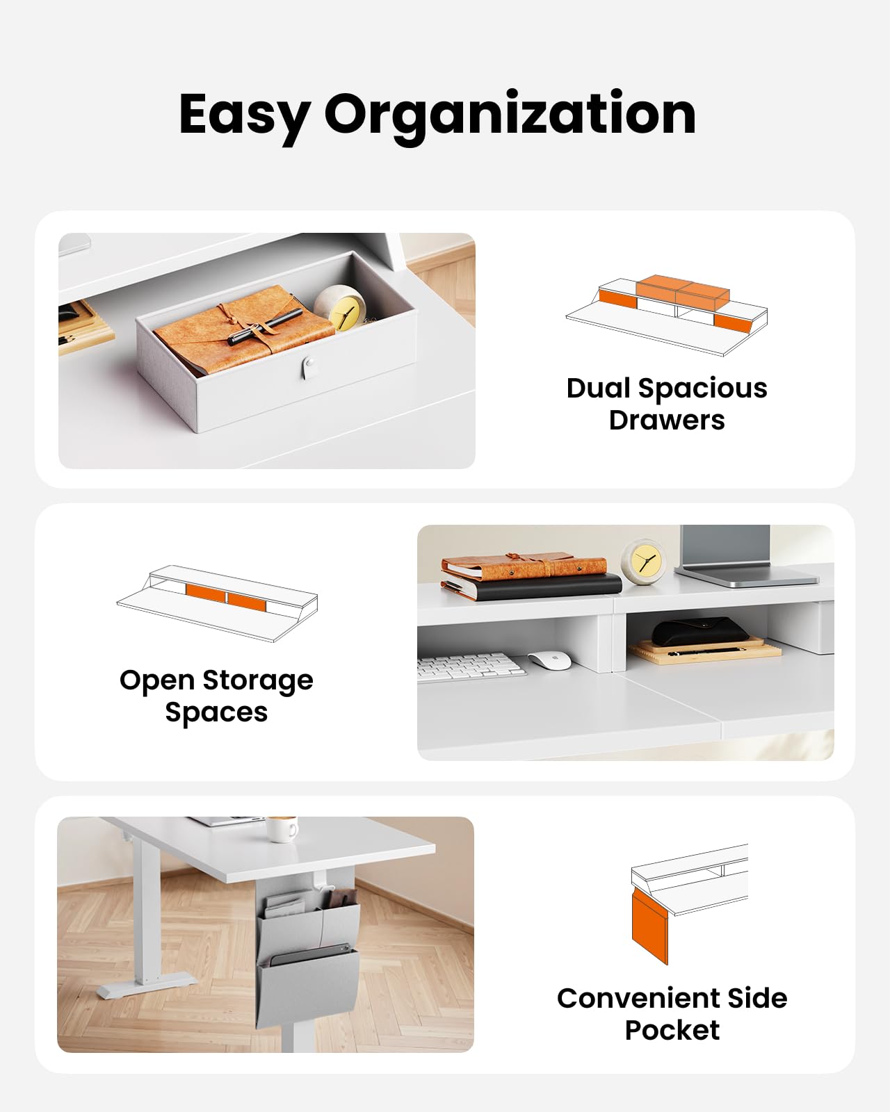 ErGear L Shaped Electric Standing Desk, 63" Ergonomic Corner Height Adjustable Desk with Drawers, Sit Stand Computer Table with Storage for Work Office Home, White