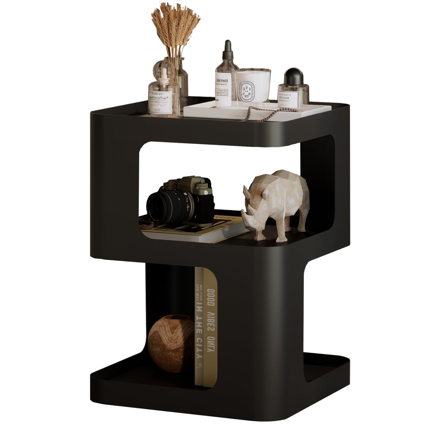 ZHBHYZ Side Table,Modern end Table,Unique nightstand,Bedside Table,Black Metal Night Stand with Storage,Accent Side Table for Couch,Bedroom,Living Room.No Assembly Required