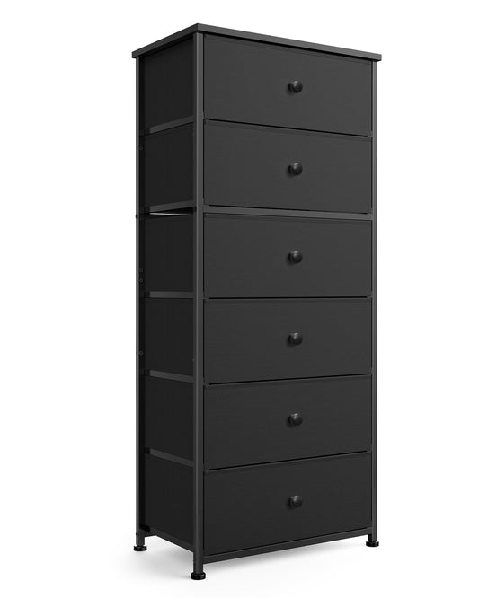Tall Fabric Dresser for Bedroom, Vertical Storage Organizer Tower with 6 Drawers, Chest of Drawers with Bins, Steel Frame, Wood Top for Bedroom, Closet, Entryway Black
