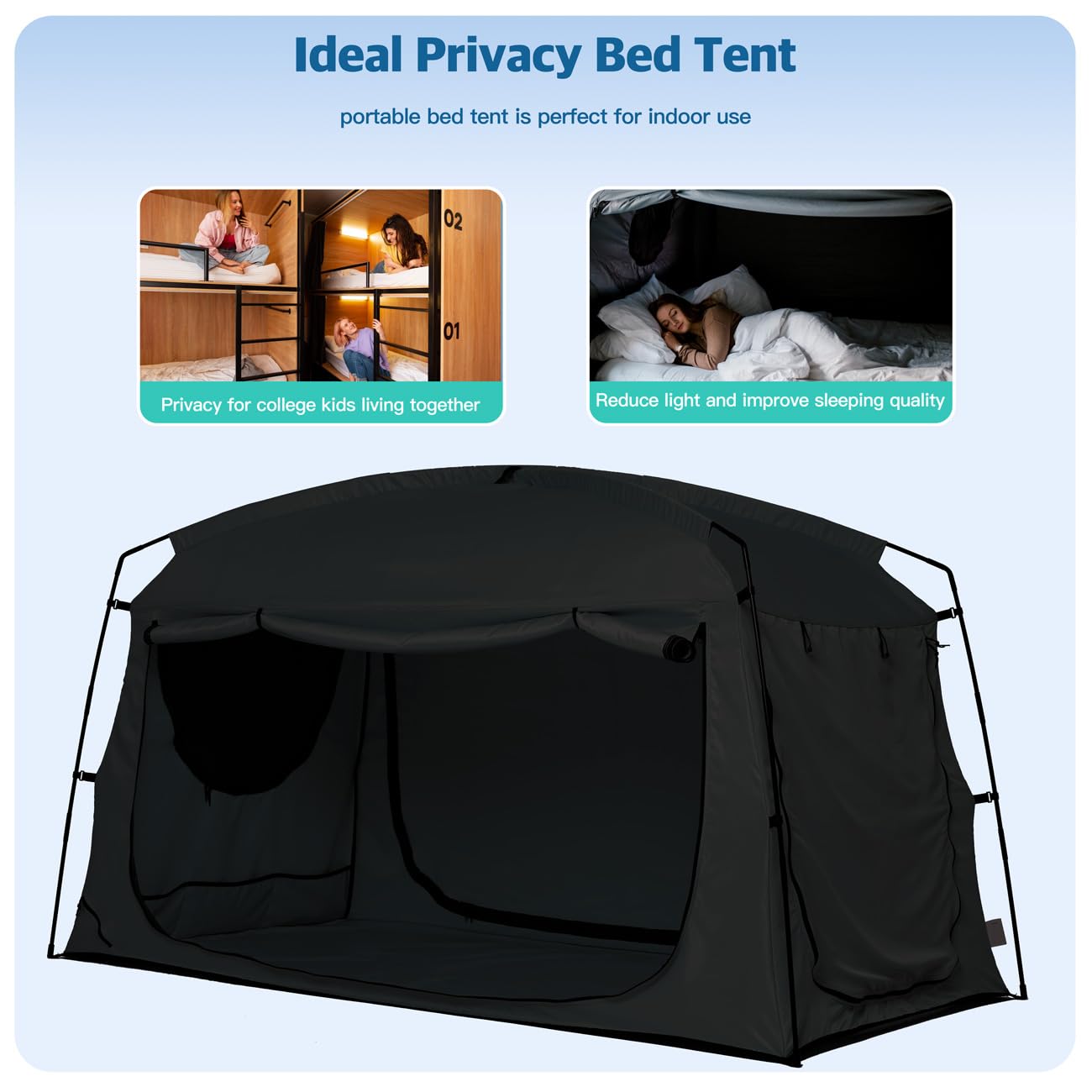 Bed Tent,Portable Privacy Sleeping Bed Canopy,Blackout 90% Drapes for Kids and Adult,Full Size Indoor Space Tent with Breathable Large Mesh Windows(Black, Full)