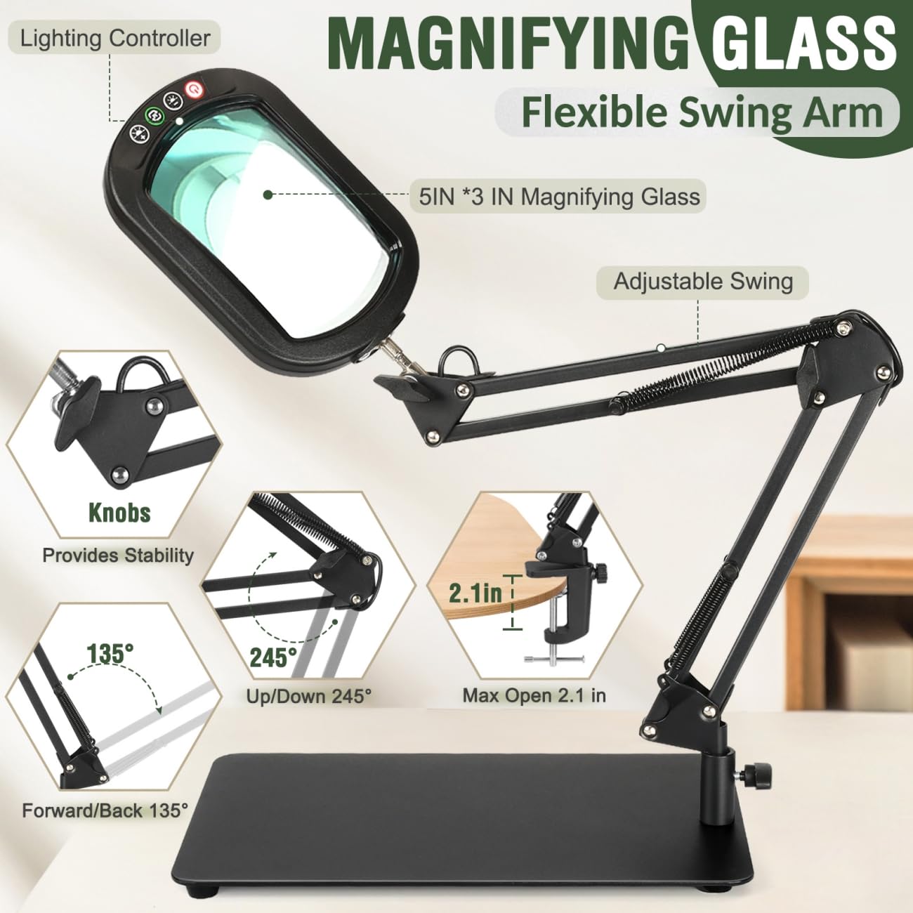 Veemagni 10X Rectangle Magnifying Glass with Light and Stand, 5 Color Modes Stepless Dimmable, 2-in-1 LED Lighted Desk Lamp & Clamp, Hands Free Magnifier for Reading Crafts Repair Painting Close Work