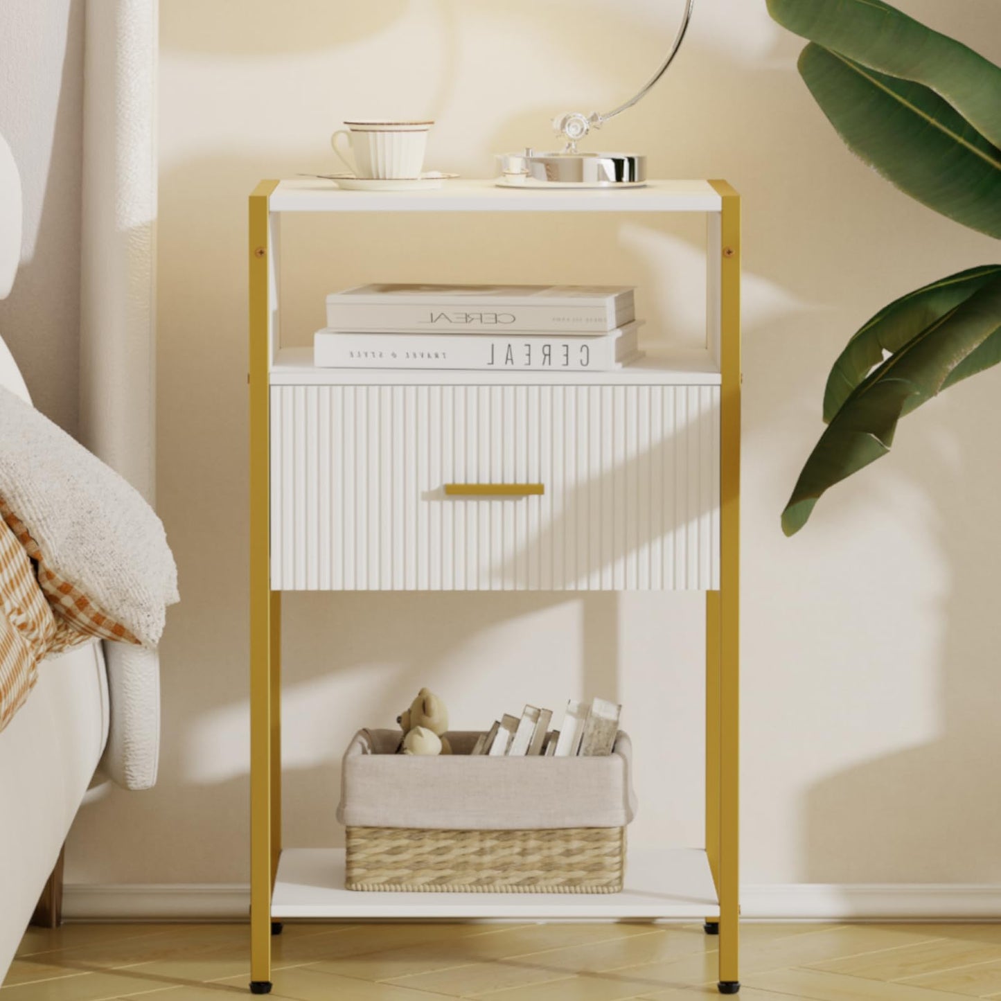 Veegle Fluted Nightstand, Modern Side Table with Drawer, White and Gold Bedside Table with Open Shelves for Living Room, Bedroom