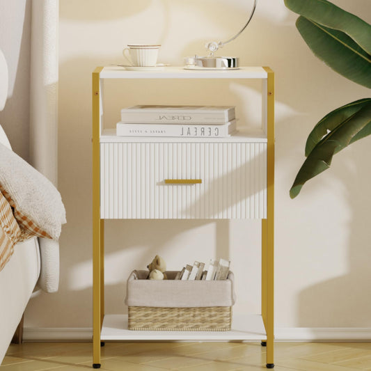 Veegle Fluted Nightstand, Modern Side Table with Drawer, White and Gold Bedside Table with Open Shelves for Living Room, Bedroom