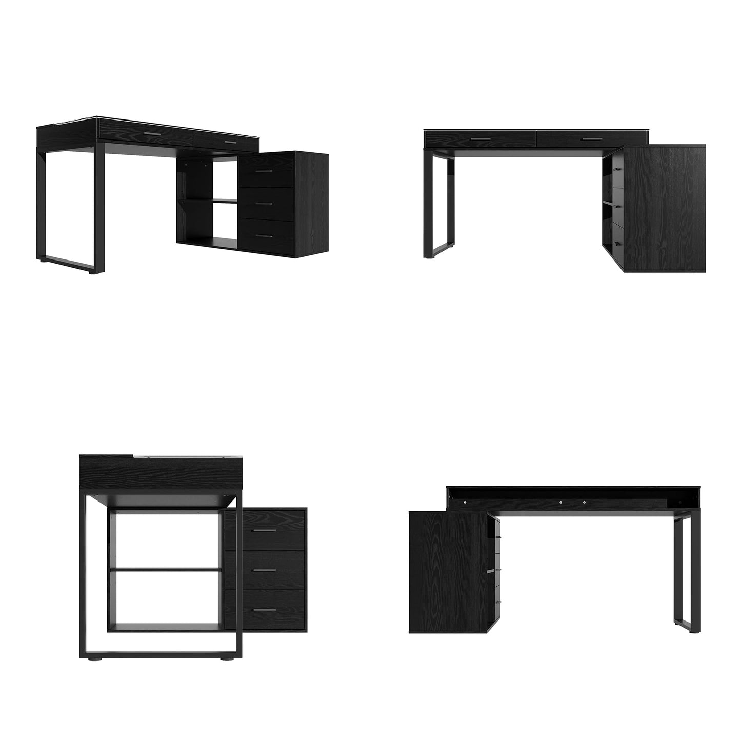 WOODTIME L-Shaped Makeup Vanity Desk with Glass Desktop & Cabinet, Corner Dressing Table with 5 Drawers & Shelves, Black Wood Grain