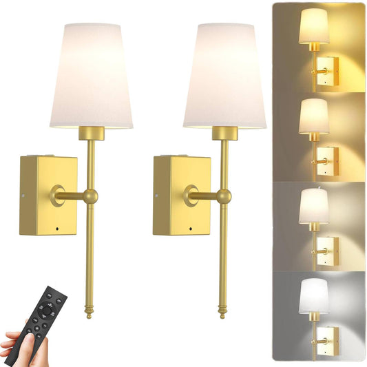 YINDUZ Battery Operated Wall Sconces Set of 2 - Gold Rechargeable Wall Lights with Remote Control, 4CCT and 5 Brightness Battery Powered Wall Sconces for Bedroom and Living Room
