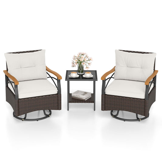 Tangkula 3 Piece Outdoor Swivel Chair Set, Patio Wicker Rotating Cushioned Chairs with 2-Tier Tempered Glass Side Table, for Porch, Yard, Balcony, Garden (Off White)