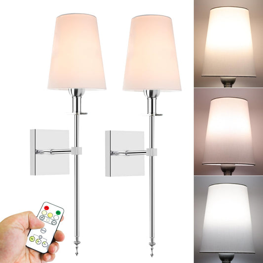 TOOTOO STAR Battery Operated Wall lamp, no hardwiring White Shade Wall lamp Set of 2 with Remote Control dimmable Bulb, Easy to Install, Suitable for Bedroom, Vanity, Bathroom, Living Room