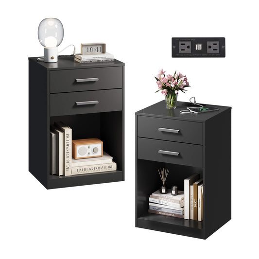 WLIVE Nightstand Set of 2 with Charging Station, Wood Night Stand Sets with 2 Drawers and Open Shelf, Bed Side Tables Bedroom, Living Room, Black