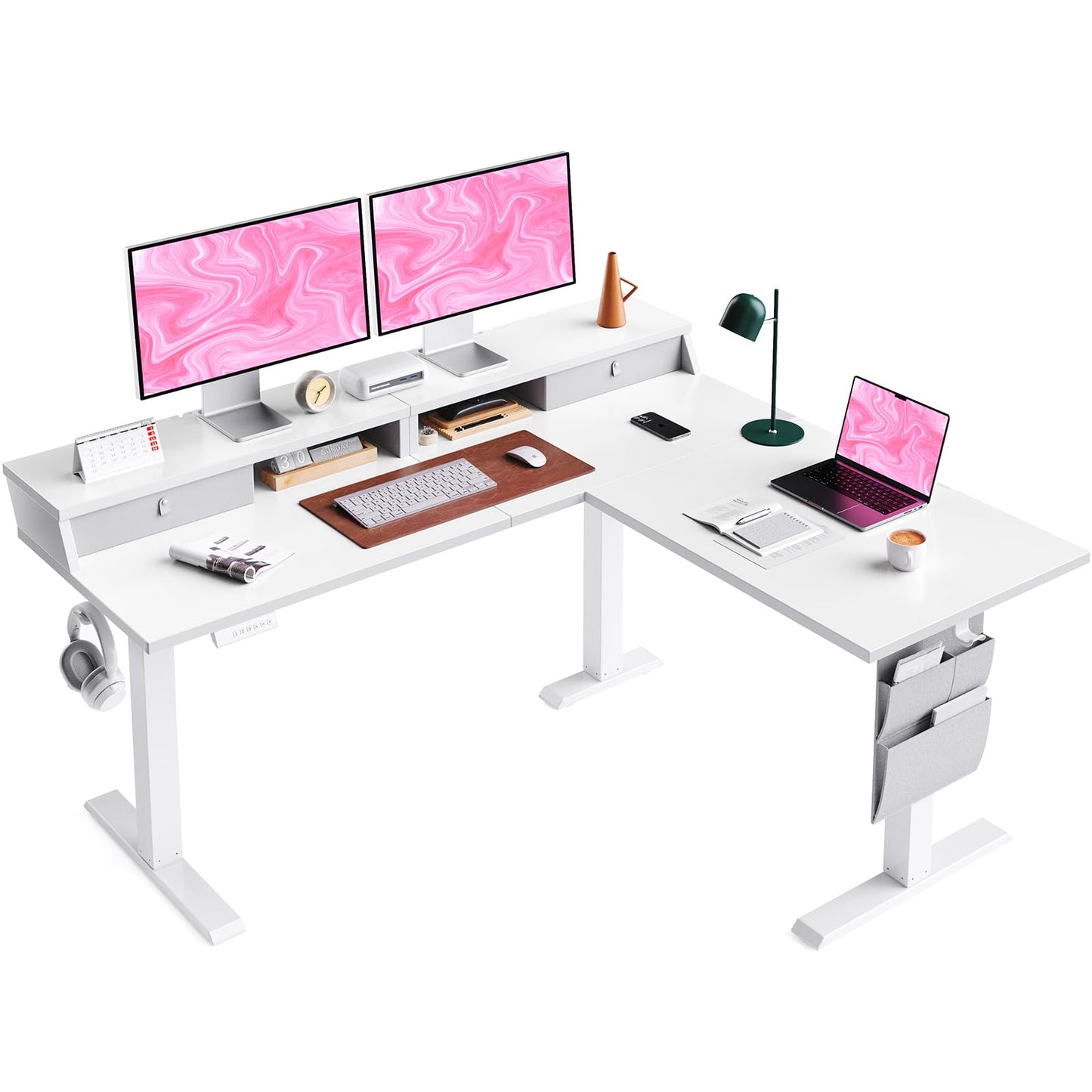 ErGear L Shaped Electric Standing Desk, 63" Ergonomic Corner Height Adjustable Desk with Drawers, Sit Stand Computer Table with Storage for Work Office Home, White