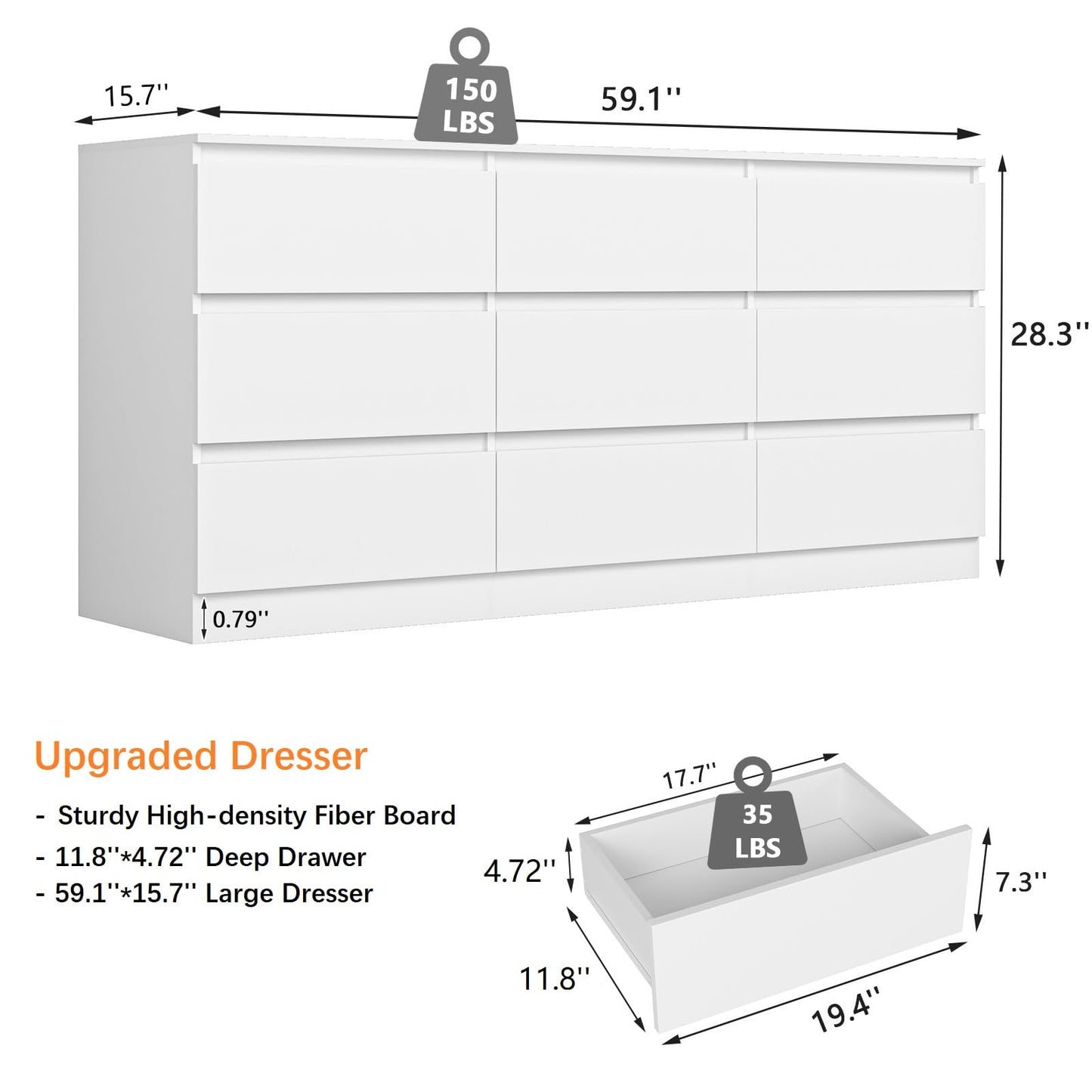 VERYKE White Dresser for Bedroom,Modern Long 9 Drawer Dresser with Deep Drawer,Large Storage Chest of Drawers,Wide Wood Bedroom Storage Furniture,TV Stand for Living Room