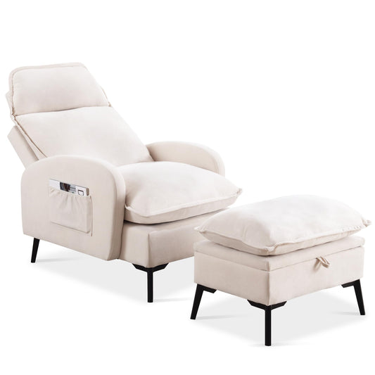 YUUIJOAA Accent Chair with Ottoman, Comfy Reading Chair and Ottoman Set, Modern Velvet Lounge Armchair with Storage and Adjustable Backrest for Living Room Bedroom, Cream