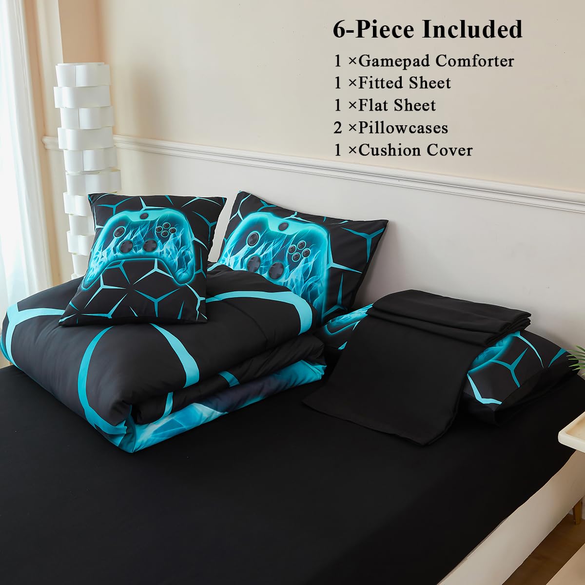 ZSYAYAHA Gamer Twin Bedding Set for Boys 6 Pieces Gamepad Comforter Set for Kids Teens Black Aqua Bed in A Bag 3D Geometric Video Gaming Bed Sets with Sheets(Aqua, Twin)