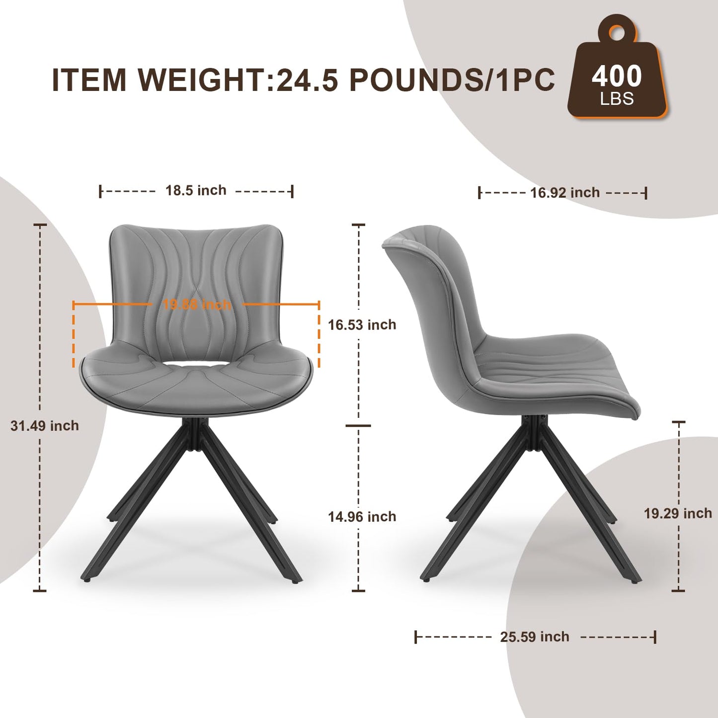 VATROS Dining Chairs Set of 6, 360° Swivel Upholstered Mid-Century Modern Kitchen Dining Room Chairs, Armless Faux Leather Accent Side Chair with Padded Back, Metal Legs for Living Room Bedrooms,Grey