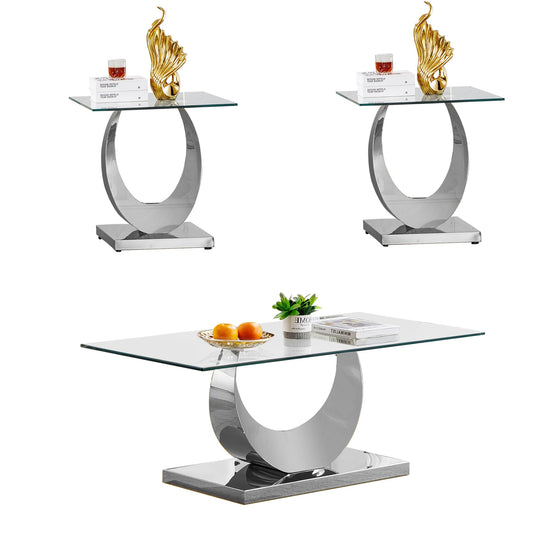 3 Pieces Luxury Silver Living Room Table Set, Modern Glass Coffee Table Set of 3, Rectangle Center Table and 2 End Tables with Moon-Shaped Stainless Steel Base for Living Room Apartment