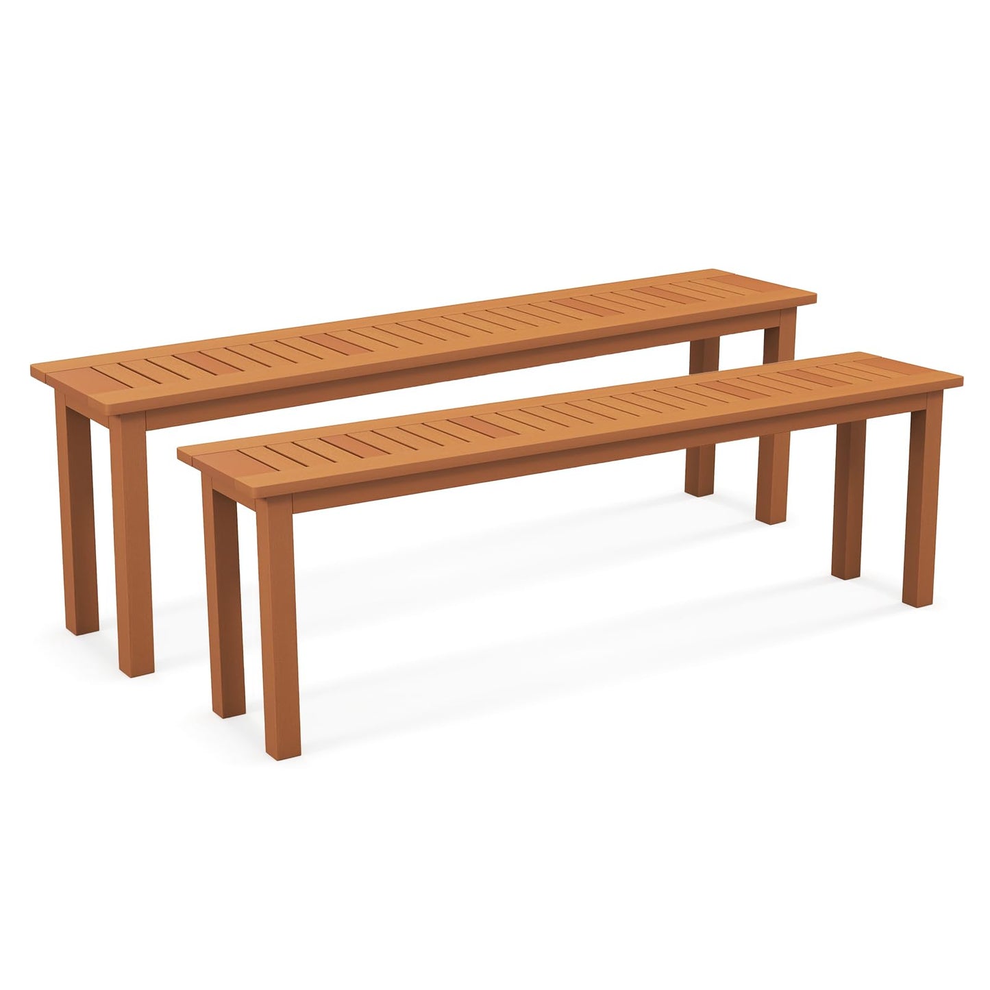 Tangkula Outdoor Wood Bench, 59” Long Patio Dining Bench Set of 2, Backless Wooden Bench with Teak Oil Finish & Slat Seat, Accent Entryway Bench, Farmhouse Bench for Yard, Garden, Porch, Indoors