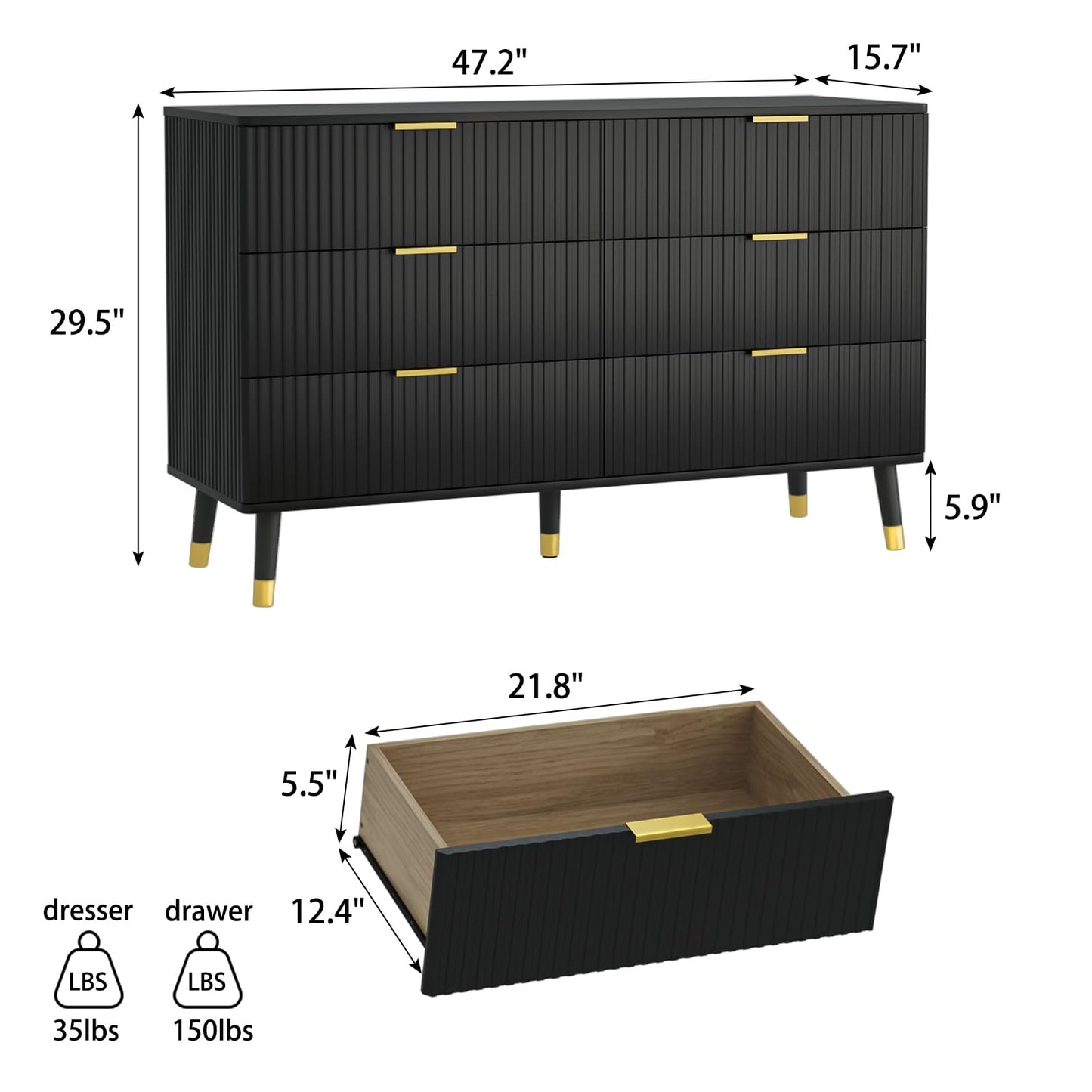 Tradare Black Dresser, Fluted 6 Drawer Dresser for Bedroom, Wooden Modern Chest of Drawers with Gold Metal Handles, Black