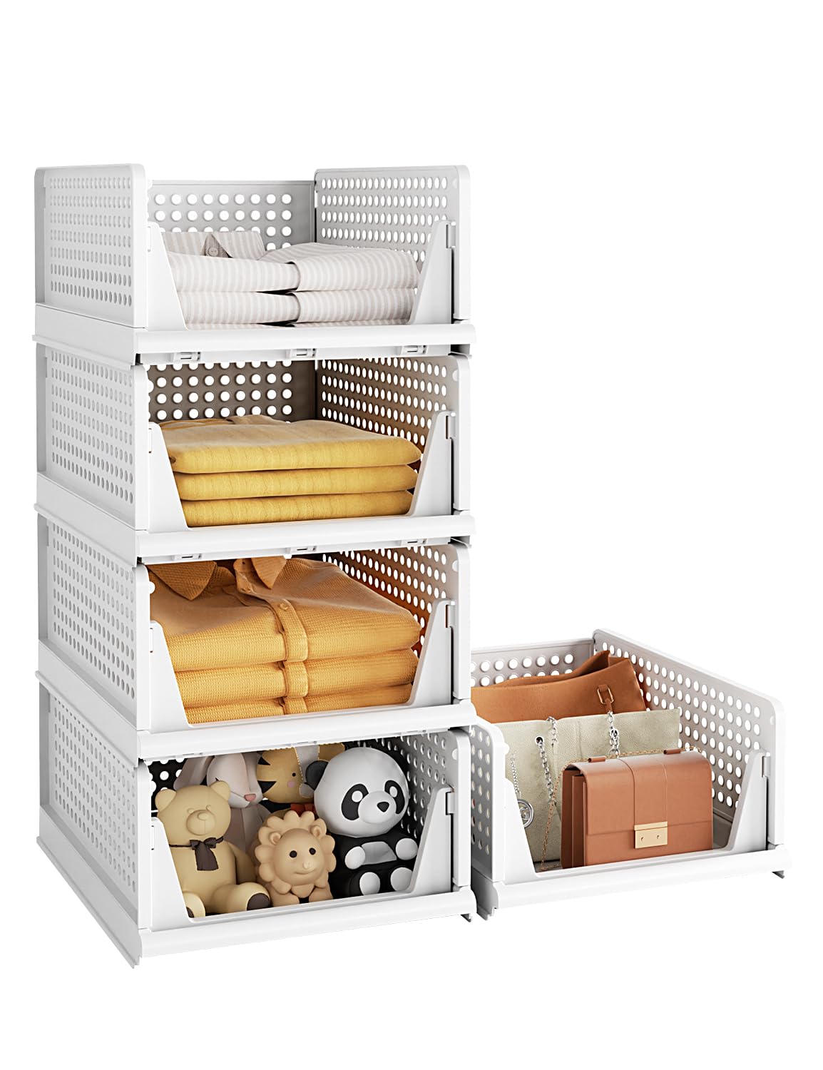 5 Pack Closet Organizer System, Stackable Plastic Clothes Storage Basket, Stackable, Foldable Organizers for Wardrobe Clothes Organizer Suitable for Bedrooms Bathrooms Kitchen Living Rooms Office Dorm