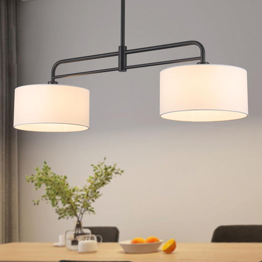 40" Linear Pendant Light for Kitchen Island,2-Light White Linen Drum Light Fixtures with Black Metal Linear Light Fixture for Dining Room Farmhouse Chandelier over Table,Bar Living Room,E26