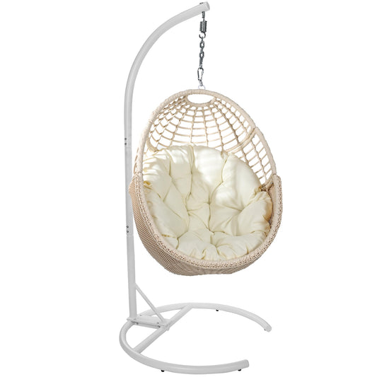 TWT Egg Swing Chair with Stand Hanging Egg Chair Outdoor - Rattan Wicker Patio Hanging Basket Chair Hammock Chair with Metal Frame and UV Resistant Cushion for Indoor Bedroom Balcony (Beige)