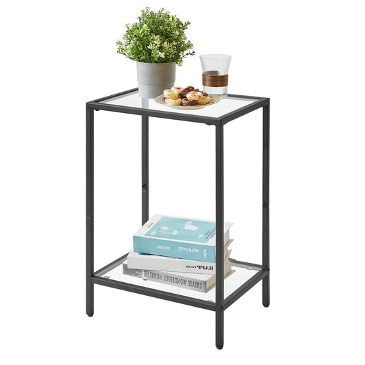 YMYNY Tempered Glass Side Table, 2 Tier End Table with Storage Shelves, Narrow Bedside Table, for Small Space in Living Room, Bedroom,Black, UHGD002B