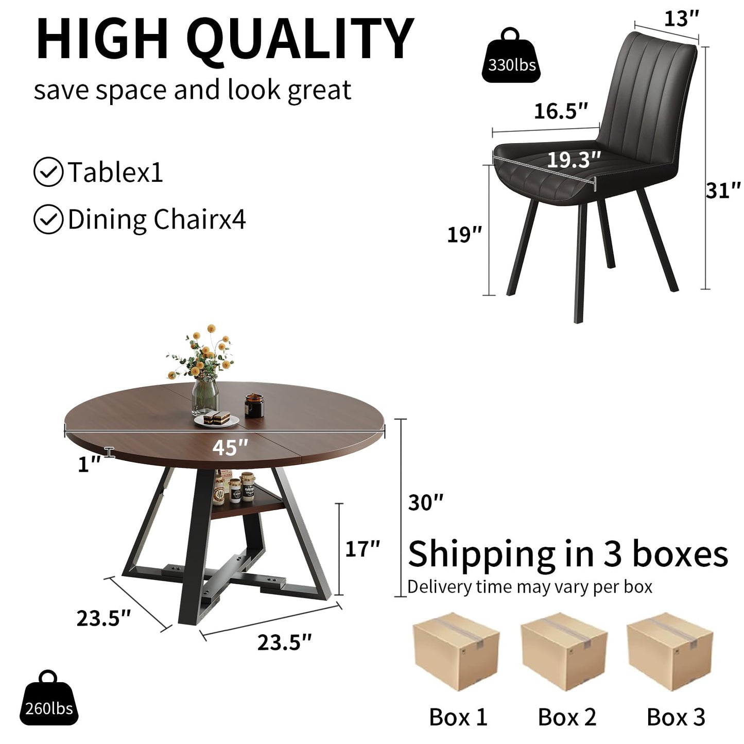 45.3" Walnut Round Dining Table Set with 4 Chairs – Mid-Century Modern Small-Space Kitchen & Dining Room Furniture for Apartment or Breakfast Nook (Walnut – Storage Table + 4 Black Chairs)