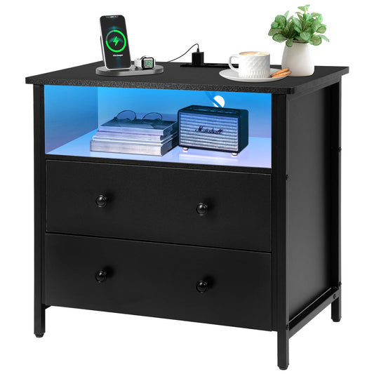 Tykacna 27 Inch Wide Night Stand, Large Wood Night Stand with 2 Drawer, LED Nightstand with Charging Station and Adjustable Drawer, Bedside Table for Living Room/Bedroom/Study/Office, Black.