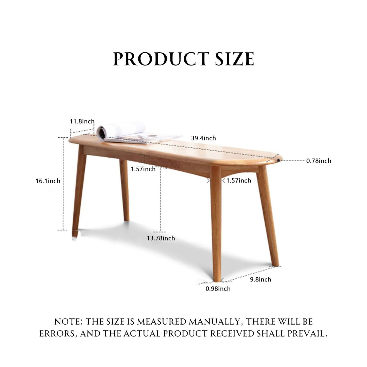 Wayshome 100% Solid Oak Dining Bench, Wood Bench for Bedroom End of Bed with Rounded Corners, Entryway Benches for Dining Room, Kitchen, Living Room (Natural Oak, 39.4")