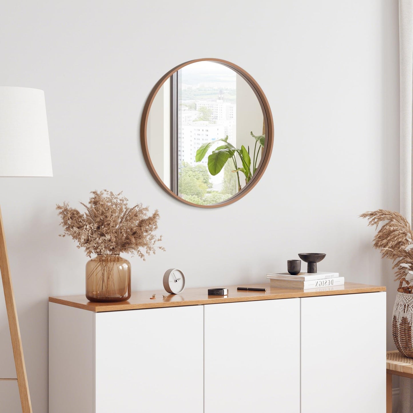 WallBeyond Wood Round Mirror with Wood Frame 24 inch Circle Wall Mirror for Bathroom Round Wall Mirror for Wall Decor, Vanity, Entryway Living Room (Walnut)