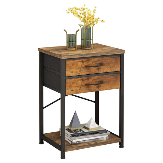 TigerDad Nightstand End Table with 2 Fabric Drawers and Wood Storage Shelf, Narrow Side Table with Steel Frame Small Bedside Table for Living Room, Bedroom,Rustic Brown