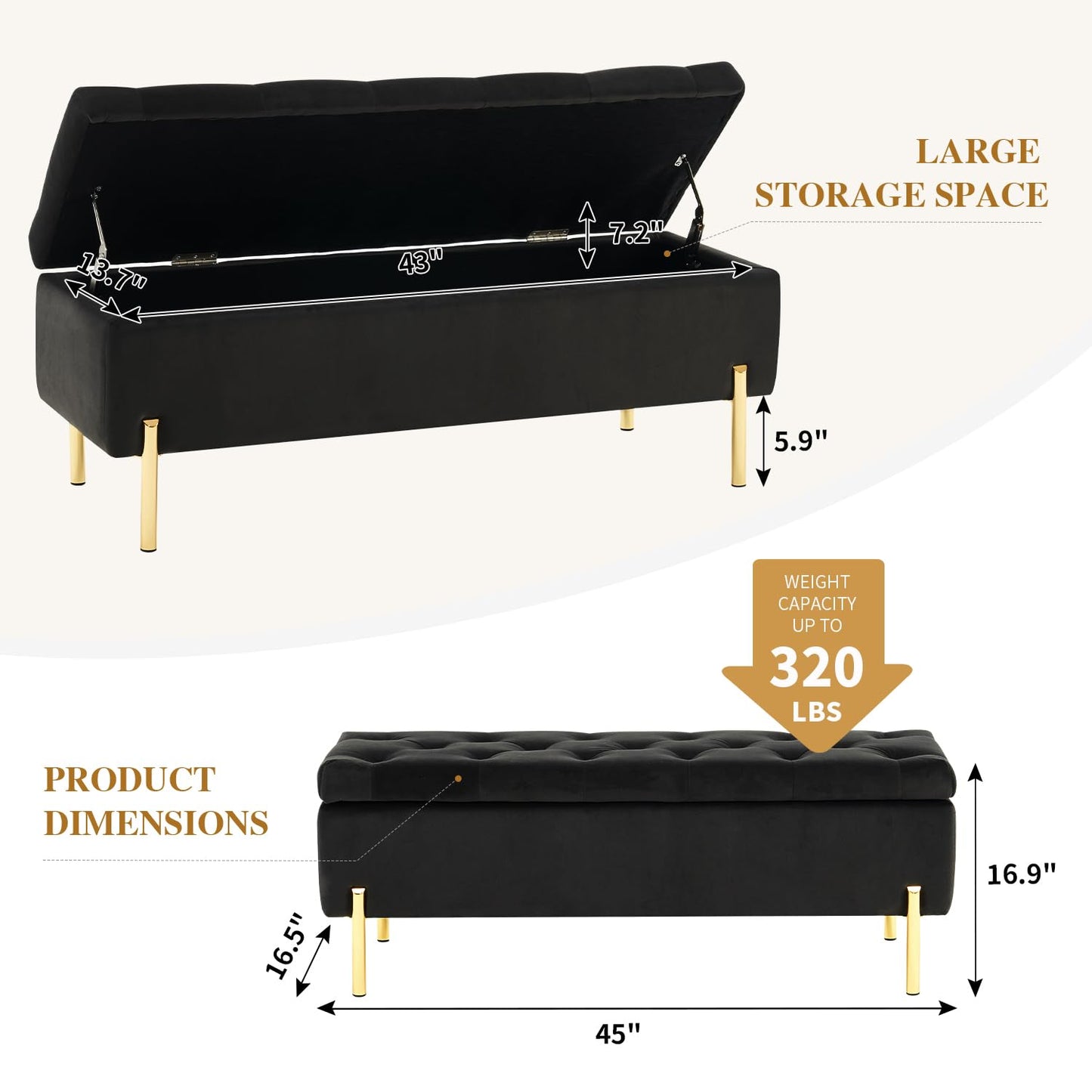 TUOMUR 45.6 Inch Velvet Storage Ottoman, Rectangular Accent Bench for Bedroom & Living Room, Black