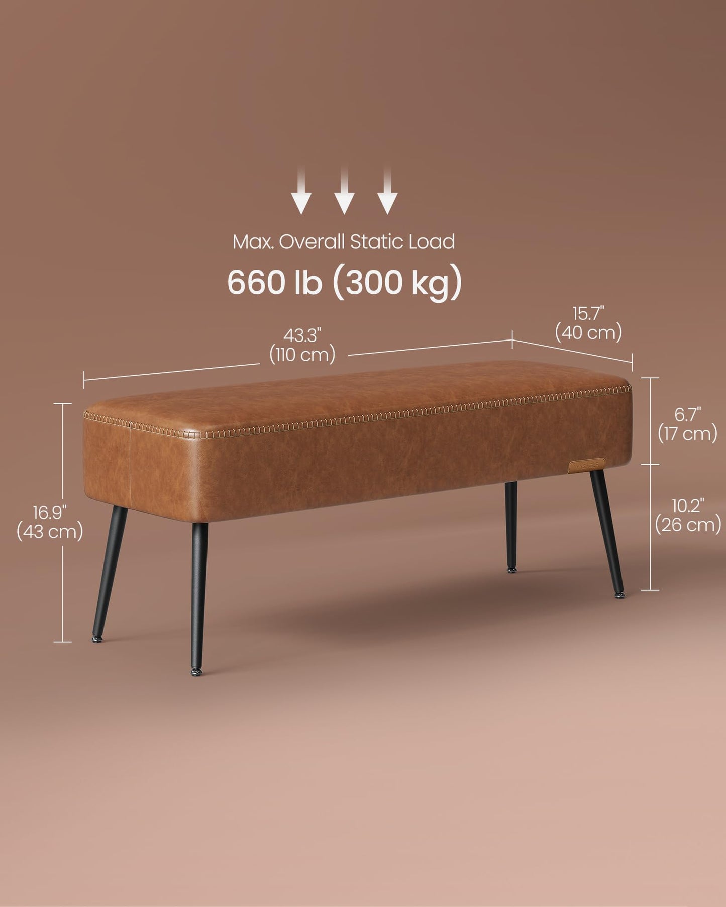 VASAGLE EKHO Collection - Bench for Entryway Bedroom, Synthetic Leather with Stitching, Ottoman Bench with Steel Legs, Living Dining Room, Mid-Century Modern, Loads 660 lb, Caramel Brown ULOM076K01