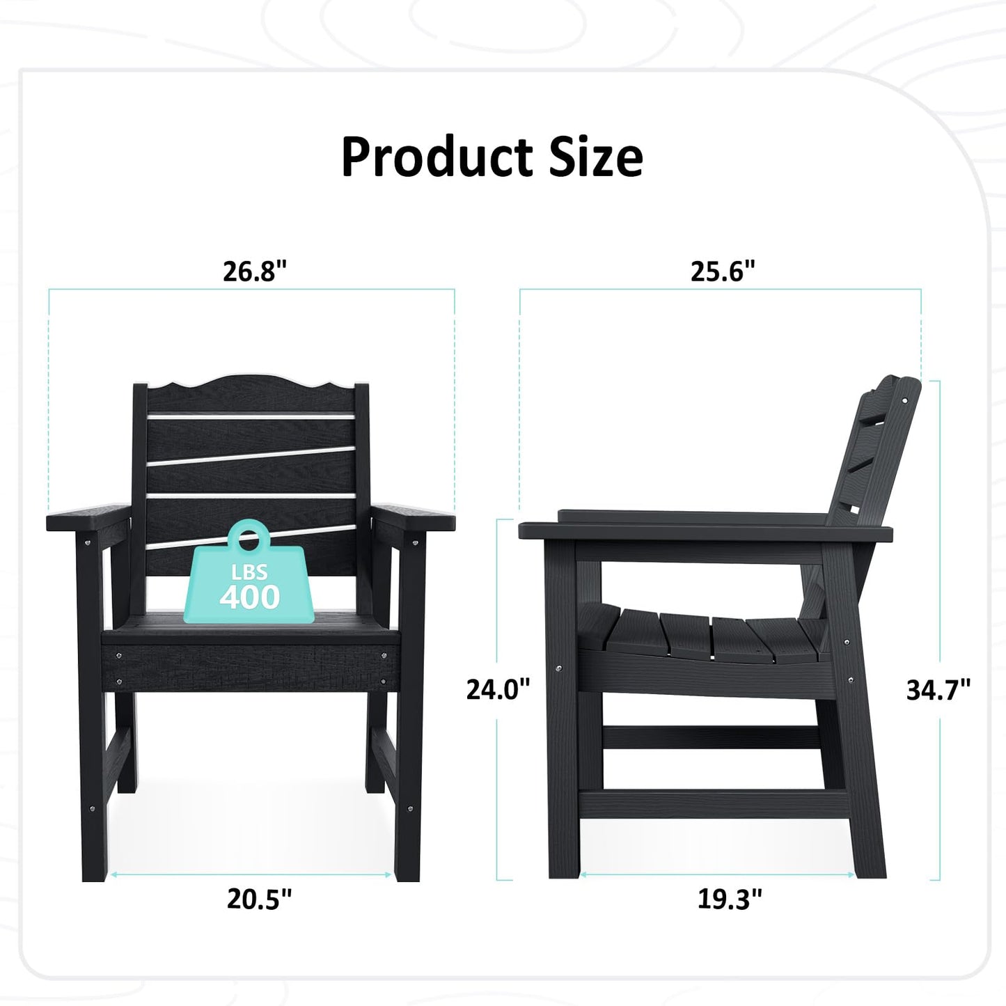 Weatherproof Patio Chair, Poly Lumber Outdoor Patio Chairs with Ergonomic Curved Seat, 400lbs Capacity Outdoor Dining Chairs for Garden, Porch, Lawn & Backyard, Black