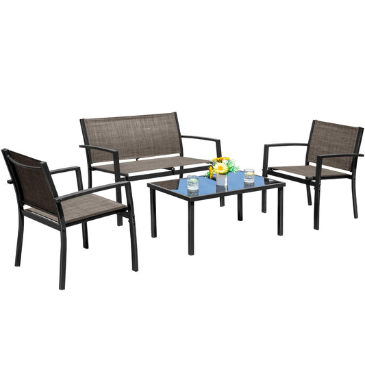Devoko 4 Pieces Patio Furniture Set Outdoor Garden Patio Conversation Sets Poolside Lawn Chairs with Glass Coffee Table Porch Furniture (Brown)