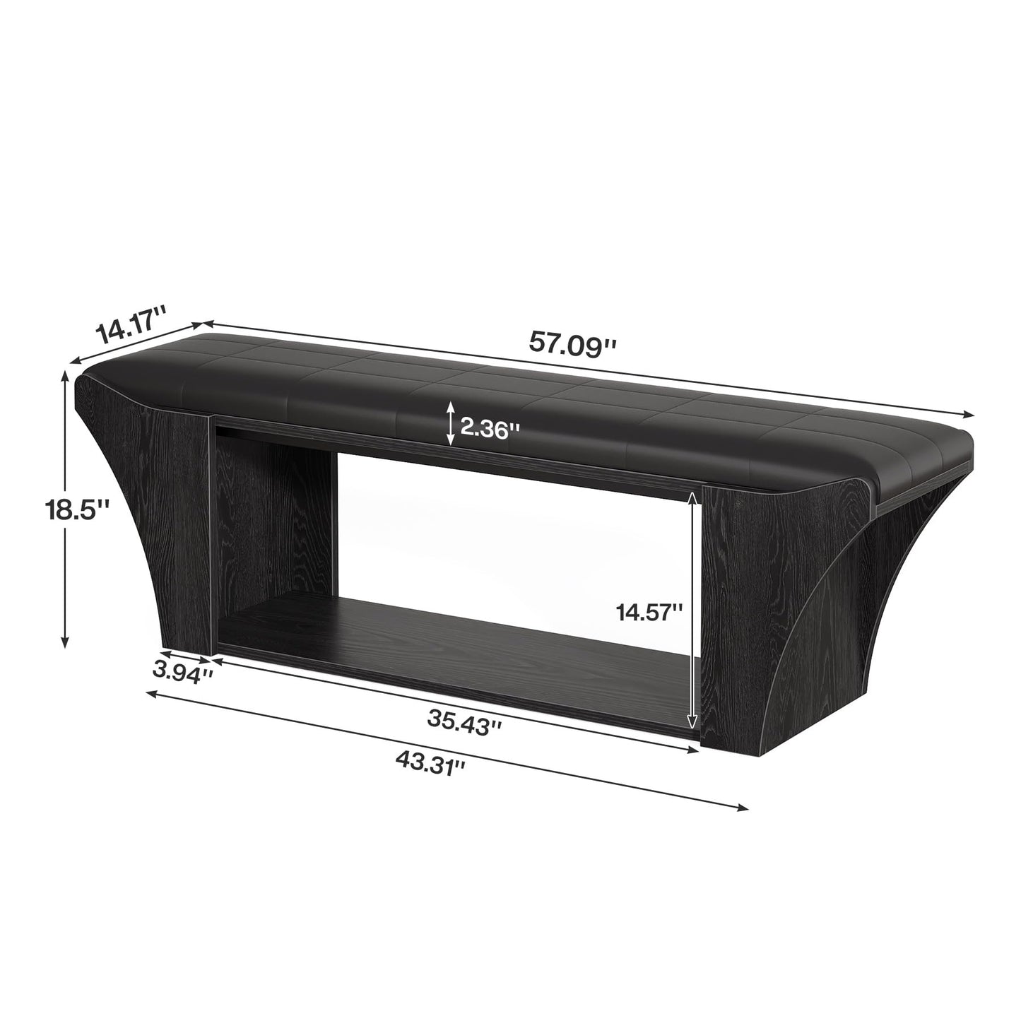 Tribesigns 59" Long Dining Room Bench for 2 to 3, Modern Black Kitchen Benches Upholstered Stools with Leather Padded Seat and Open Storage Shelf for Indoor Use