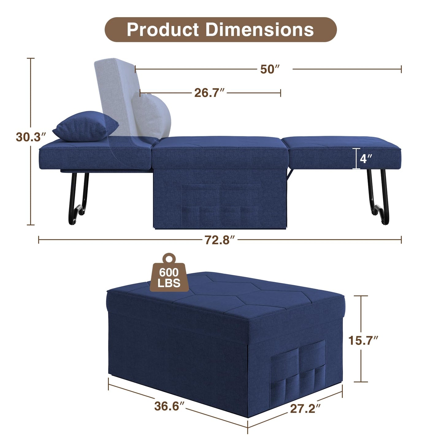 4 in 1 Sleeper Chair, Convertible Sleeper Sofa with Ottoman, Ottoman Bed for Adults, Sofa Bed with Adjustable Backrest for Living Room Apartment Office, Jean Blue