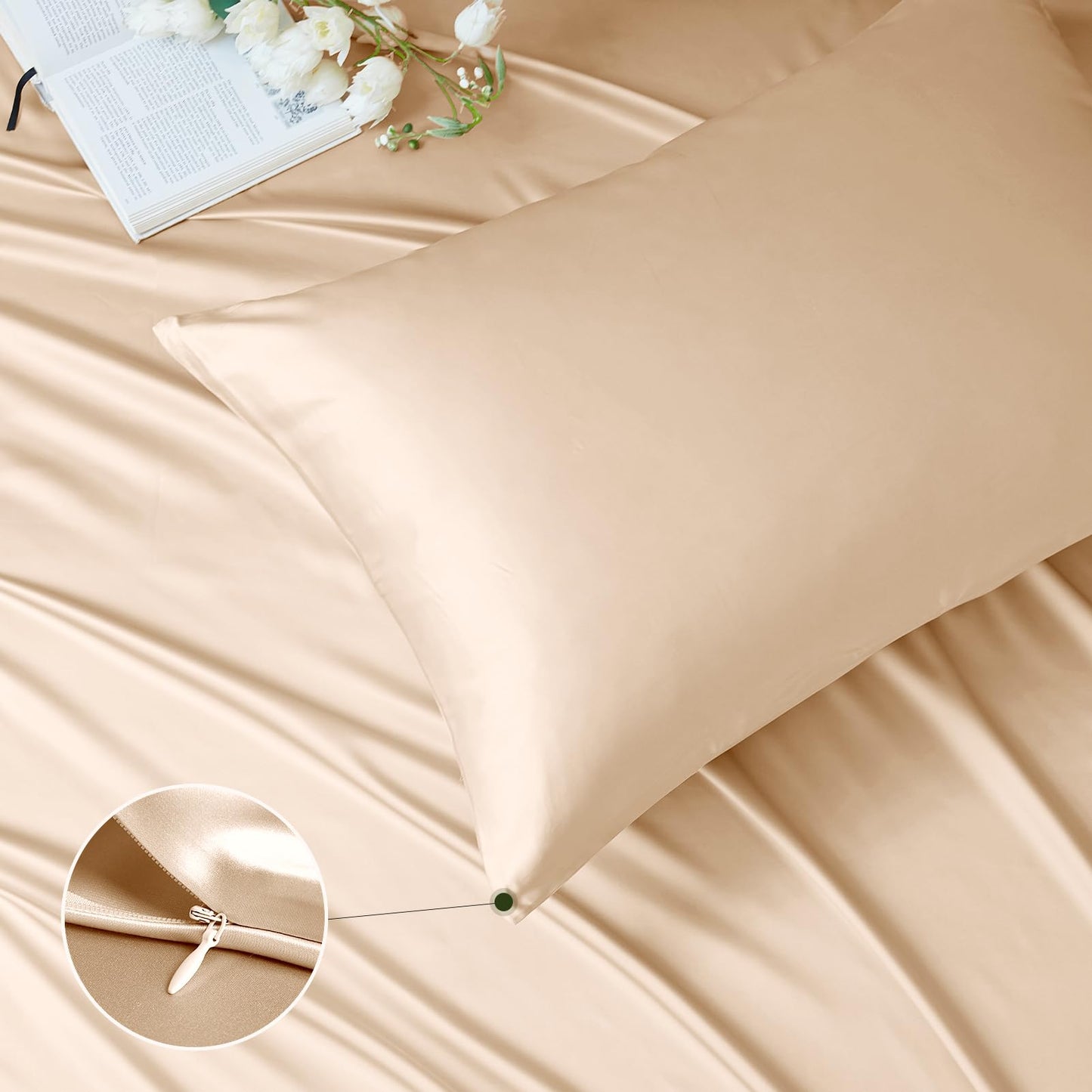 THXSILK Luxury Mulberry Silk Bed Sheets Set - 4pcs Silk Sheets Set 16" Deep Pocket - 1 Fitted Sheet, 1 Flat Sheet, 2 Pillowcases with Zipper Closure - King, Champagne