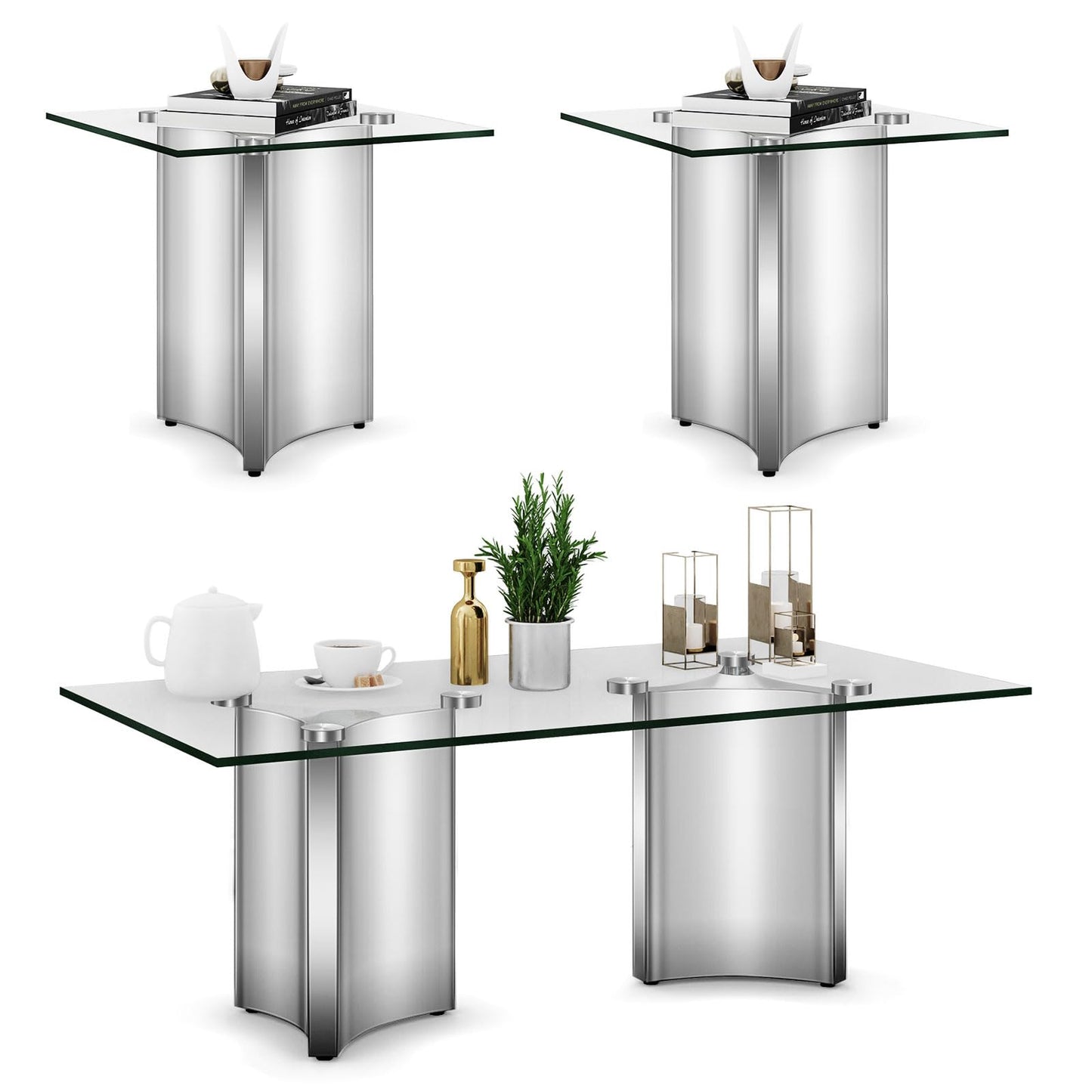 3-Piece Coffee Table Set, Modern Coffee Table & 2 End Table, Living Room Tables with Tempered Glass Top and Silver Mirrored Stainless Steel Geometric Base