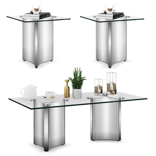 3-Piece Coffee Table Set, Modern Coffee Table & 2 End Table, Living Room Tables with Tempered Glass Top and Silver Mirrored Stainless Steel Geometric Base