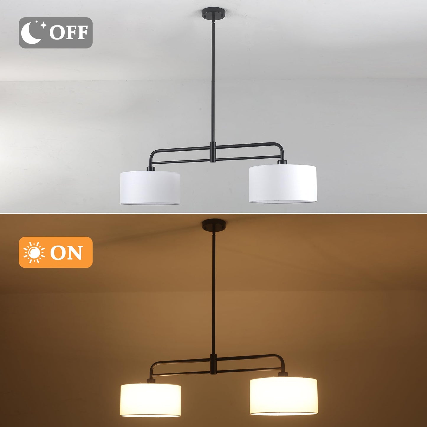 40" Linear Pendant Light for Kitchen Island,2-Light White Linen Drum Light Fixtures with Black Metal Linear Light Fixture for Dining Room Farmhouse Chandelier over Table,Bar Living Room,E26