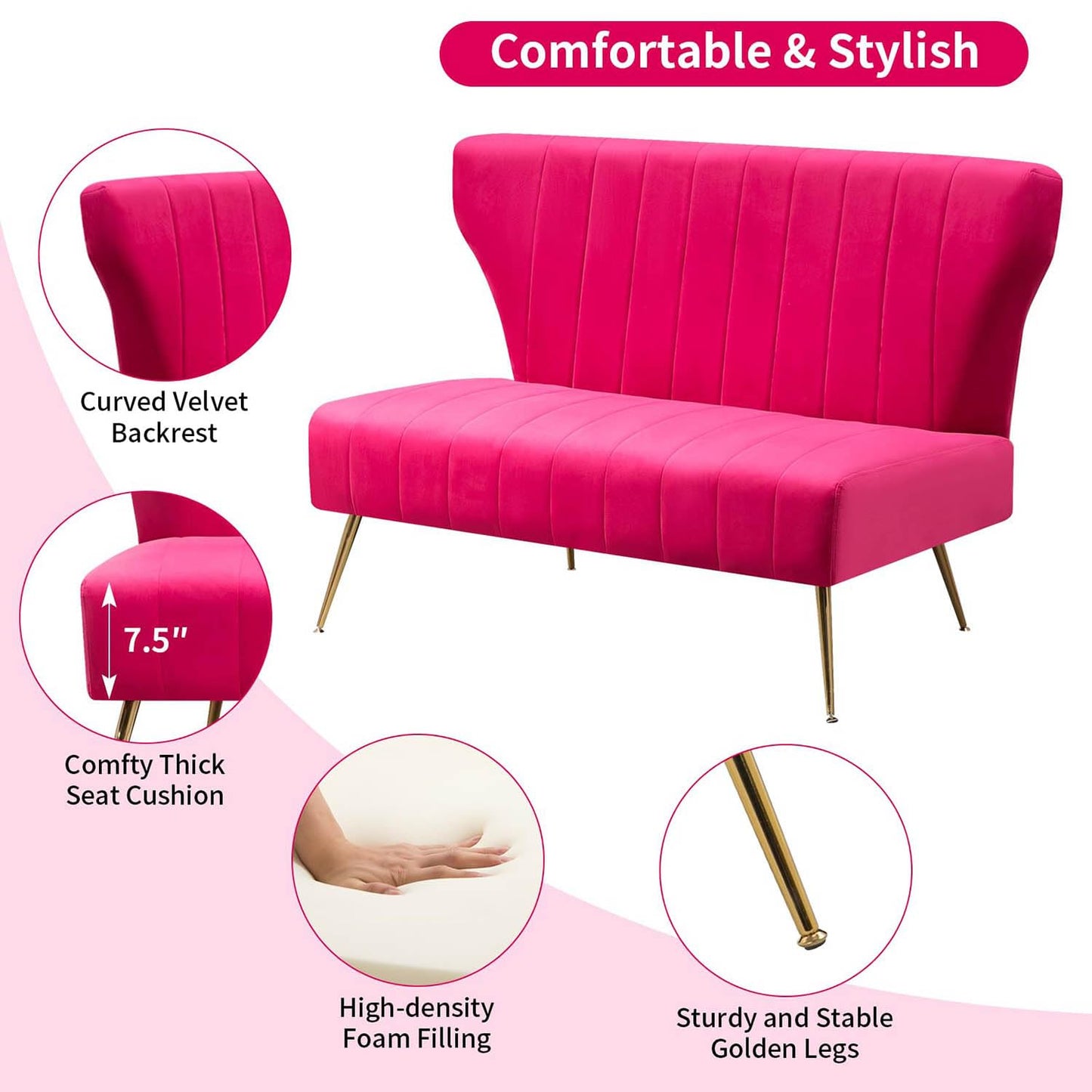 WQSLHX 50’’ Velvet Modern Armless Loveseat Sofa, Upholstered Small Wingback Couch Sofa with Golden Metal Legs, 2 Seater Tufted Couch for Bedroom, Apartment Small Space