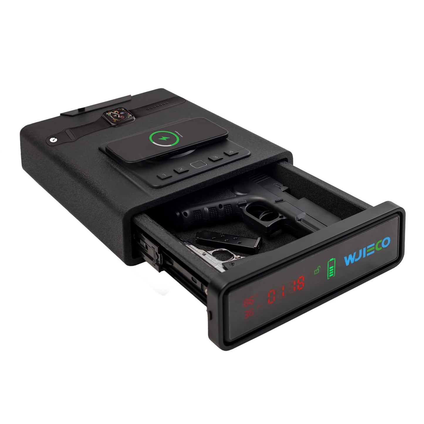 WJIECO Biometric Smart Gun Safe with Phone Charging for Handgun - Biometric Gun Safe 3 Ways Quick Access with Fingerprint/Keypad/Key Lock for Bedside Nightstand or Car with LCD