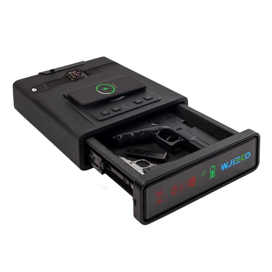 WJIECO Biometric Smart Gun Safe with Phone Charging for Handgun - Biometric Gun Safe 3 Ways Quick Access with Fingerprint/Keypad/Key Lock for Bedside Nightstand or Car with LCD