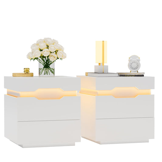 YESHOMY LED Nightstands Set of 2 with Charging Station and Sliding Top, Side Table with Large Capacity, Bedside Table with 2 Drawers, Modern Endtable for Bedroom, Pure White