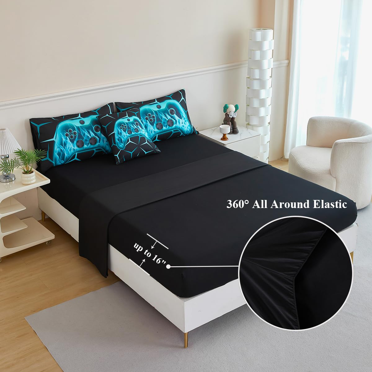 ZSYAYAHA Gamer Twin Bedding Set for Boys 6 Pieces Gamepad Comforter Set for Kids Teens Black Aqua Bed in A Bag 3D Geometric Video Gaming Bed Sets with Sheets(Aqua, Twin)