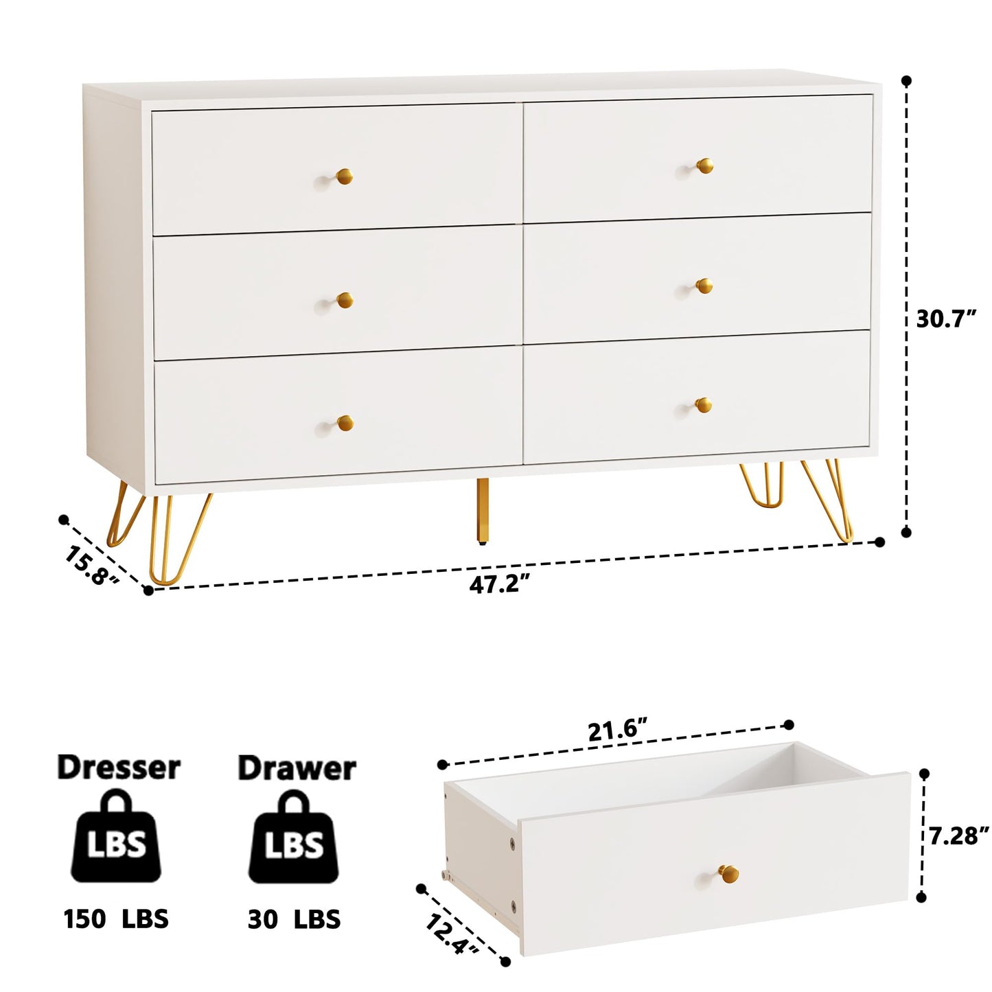 Tradare White Dresser for Bedroom, 6 Drawer Dresser with Golden Handles, Large Storage Cabinet, Modern Chest of Drawers Organizer Storage for Hallyway, Entryway