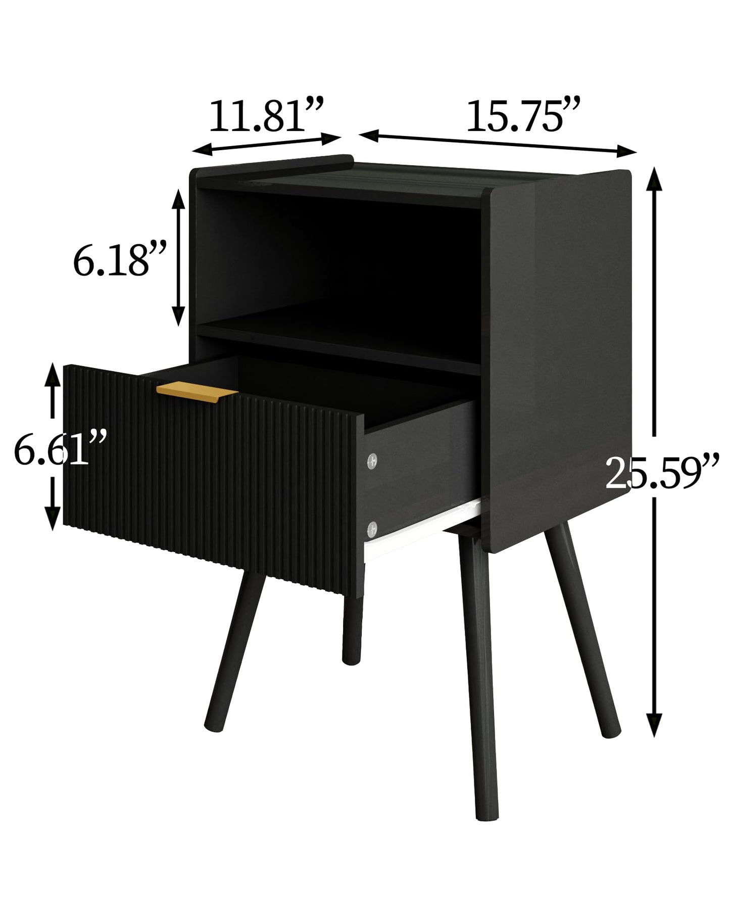 Veegle Nightstand,Modern Bedside Table with Storage Drawer and Open Wood Shelf, Accent Night Stand with Solid Wood Legs for Living Room, Bedroom and Small Spaces,Easy Assembly (Black)