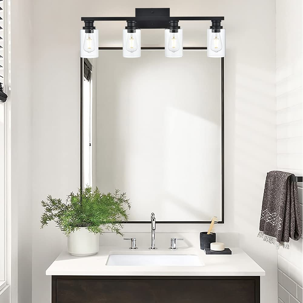 VINLUZ Industrial Indoor 4 Light Bathroom Vanity Light Black Wall Sconces with Clear Glass Shade,Classic Wall Lamp Lighting Fixture for Bathroom, Dressing Table