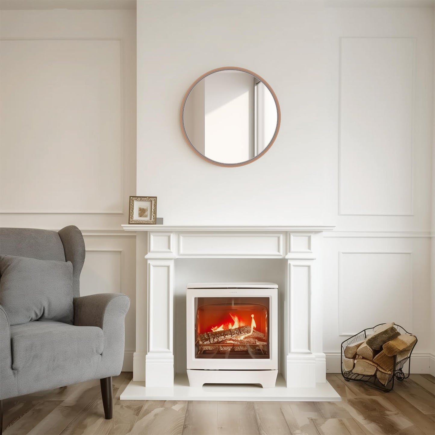 WallBeyond Wood Round Mirror with Wood Frame 24 inch Circle Wall Mirror for Bathroom Round Wall Mirror for Wall Decor, Vanity, Entryway Living Room (Walnut)