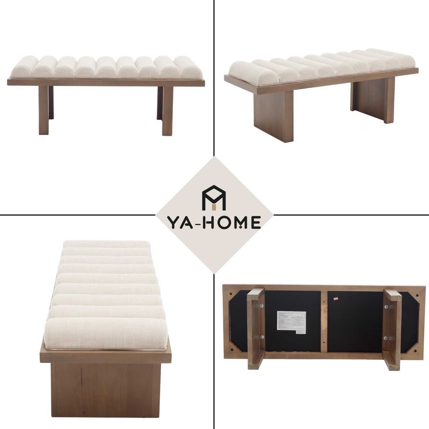 Ya-Home Modern Upholstered Entryway Bench, 47” Linen Fabric Bedroom End of Bed Bench with Cylindrical Cushion/Solid Wooden Base, Window Padded Benches for Living Room/Foyer/Hallway, Natural Leg