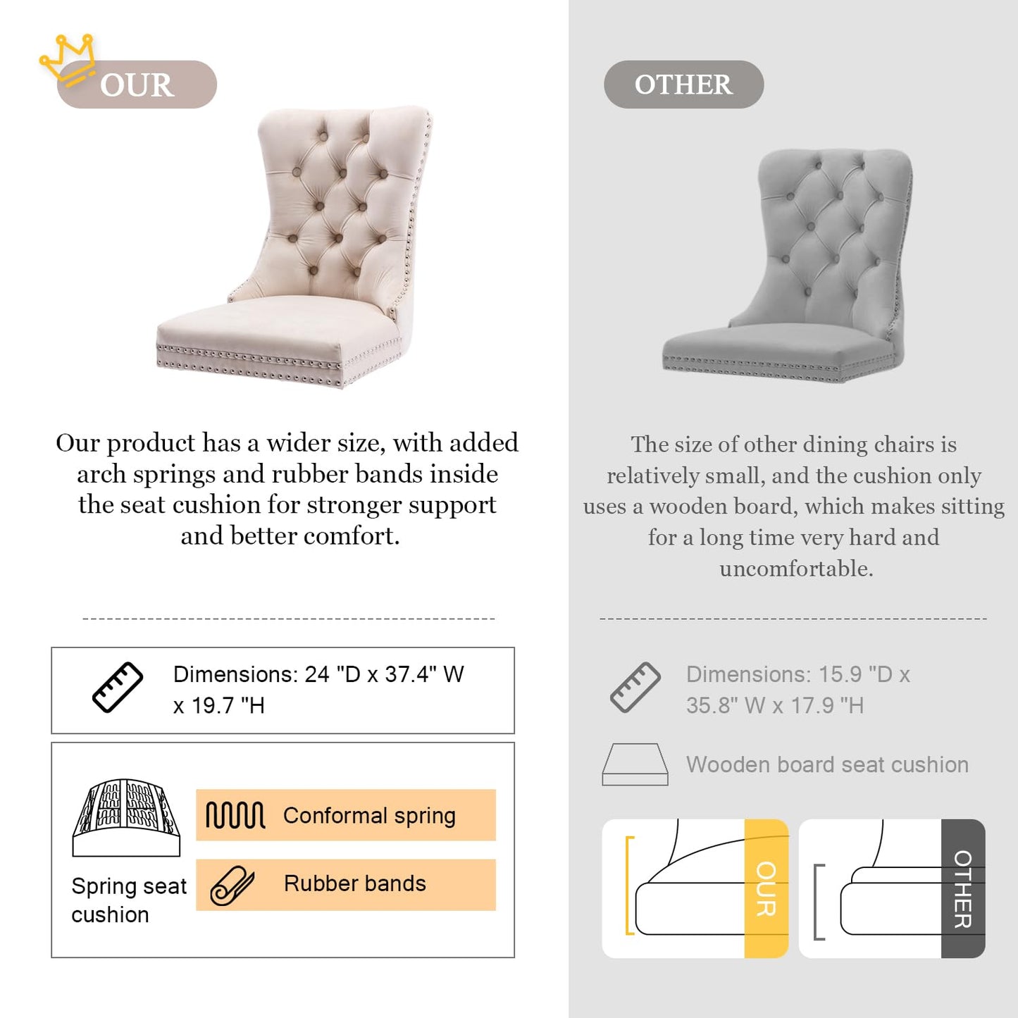 Virabit Tufted Dining Chairs Set of 6, Velvet Upholstered Dining Chairs with Nailhead Back and Ring Pull Trim, Solid Wood Dining Chairs for Kitchen/Bedroom/Dining Room (Beige)